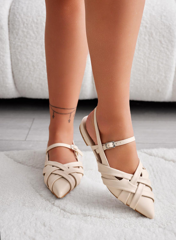 CLARA - Ballerines slingback tressées beiges