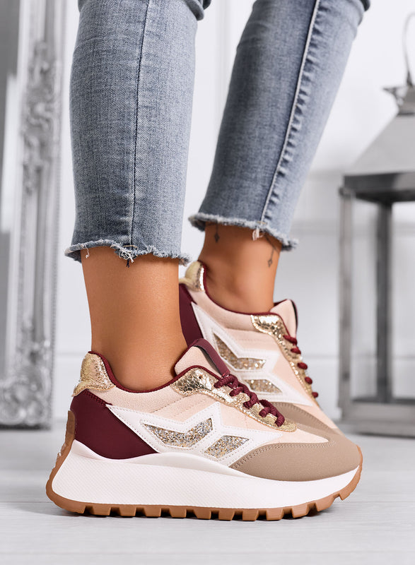 CLARISSA - Sneakers beige e bordeaux con dettaglio glitter e suola spessa