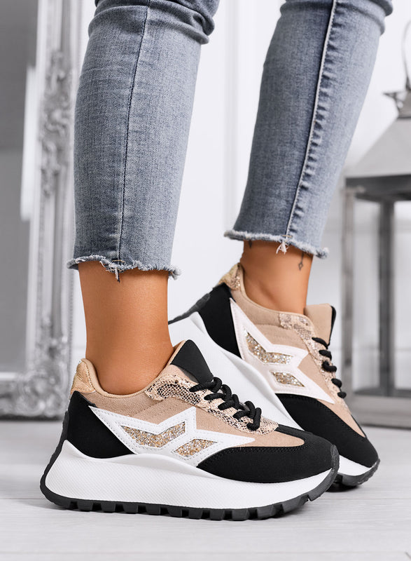 CLARISSA - Baskets beige et noires avec détail pailleté et semelle épaisse