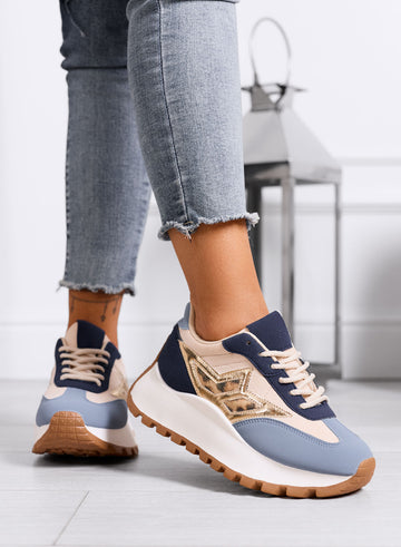 CLARISSA - Sneakers blu e beige con dettaglio maculato e suola spessa
