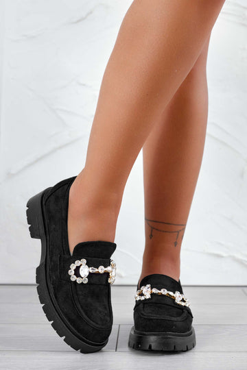 Mocassins noirs en daim avec ornement bijou