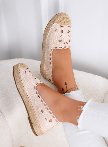COLLINS - Espadrilles beiges en dentelle avec semelle en jute