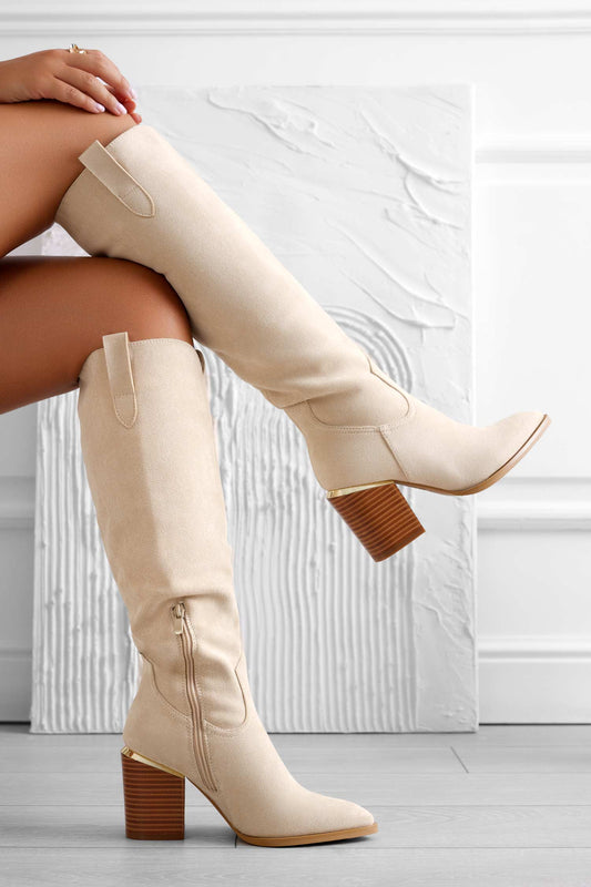 CORDELIA - Bottines en daim beige à talon imitation bois