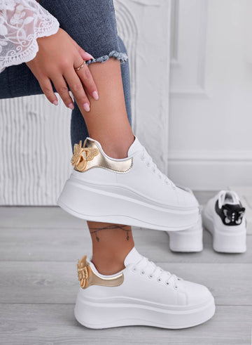 CRISTINA - White sneakers with gold heel and jeweled butterfly