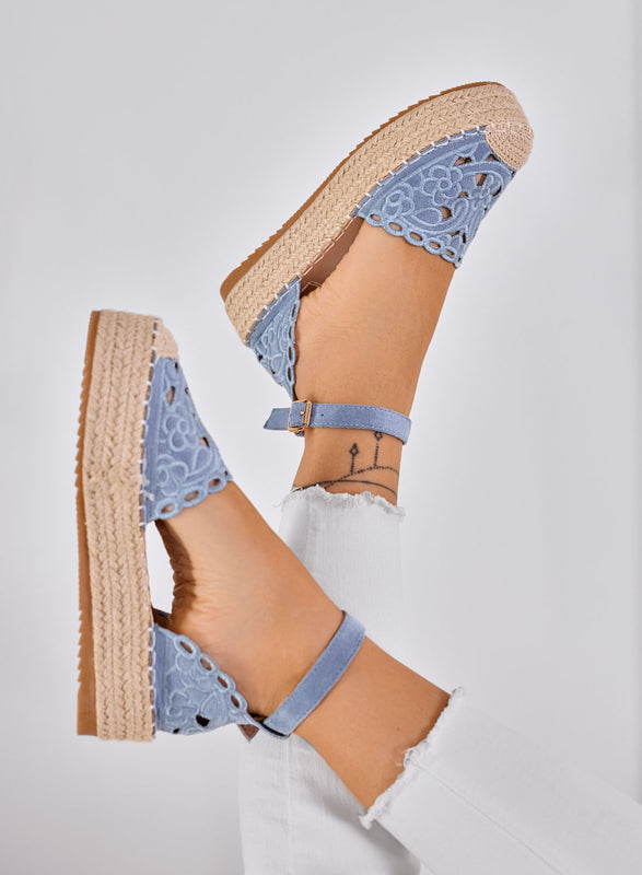 CRISTY - Blue embroidered espadrilles with ankle strap and rope platform sole