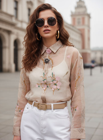 Women's Pink Organza Shirt with Embroidered Flowers