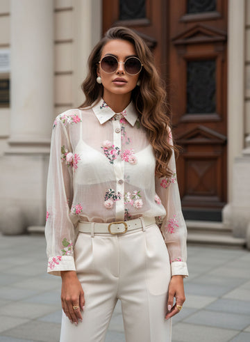 Elegant Women's Tulle Shirt with 3D Floral Embroidery