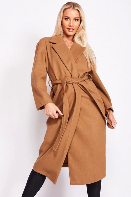 Cappotto lungo camel con laccio in vita