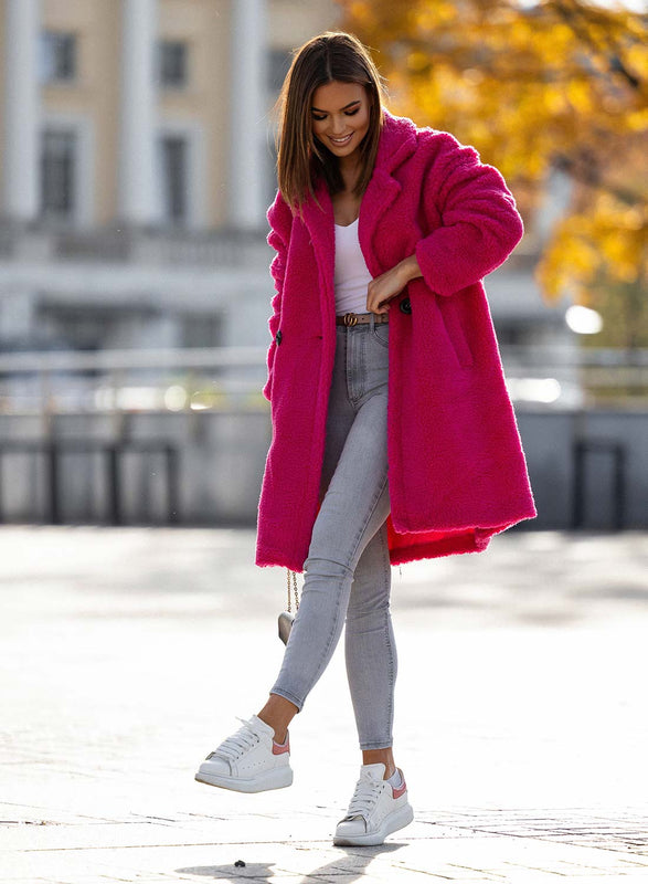 Manteau teddy fuchsia avec poches et bouton