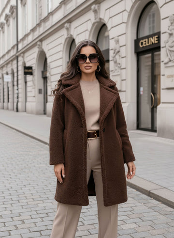 Manteau teddy marron avec poches et bouton