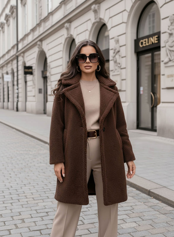 Manteau teddy marron avec poches et bouton