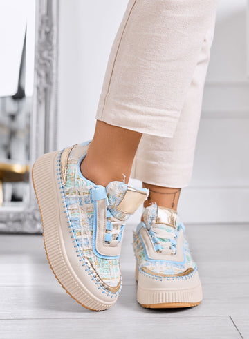 DAFNE - Baskets beige à plateforme en tweed bleu clair avec détails dorés