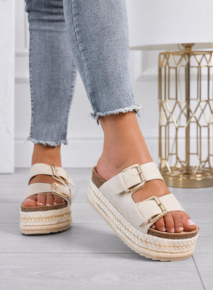 DANIEL - Sandales beige à plateforme, double boucle et semelle en corde