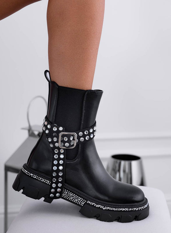 DANILA - Bottines biker noires à boucle et strass argentés