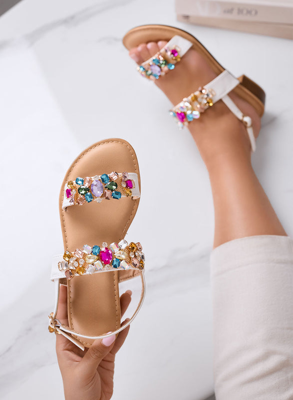 DEBORA - Sandali Gioiello Bianchi con Pietre Multicolor