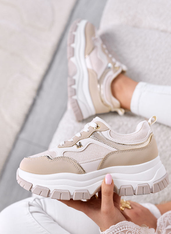 DELIA - Sneakers Beige con Dettagli Oro e Suola Chunky