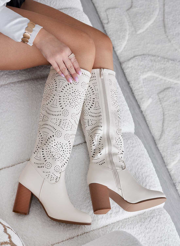 DEREK - Beige perforated boots with comfortable heel