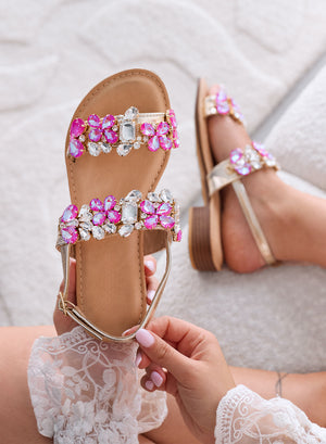 DIAMOND - Sandales fuchsia plats avec pierres précieuses et bride