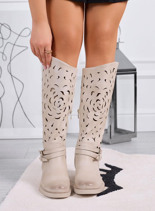 DIANA - Beige perforated women's boots with strap