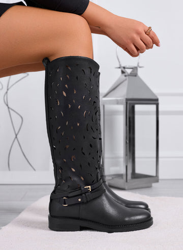 DIANA - Bottes noires perforées pour femme avec bride