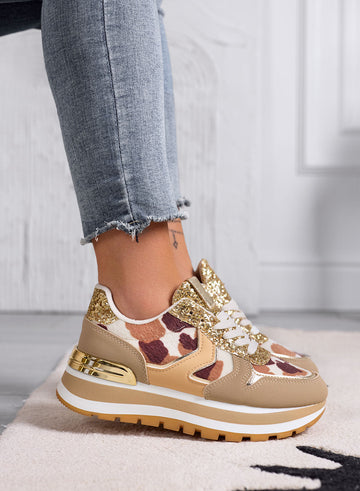 DIXON - Sneakers pour femme marron avec paillettes dorées et détails animaliers