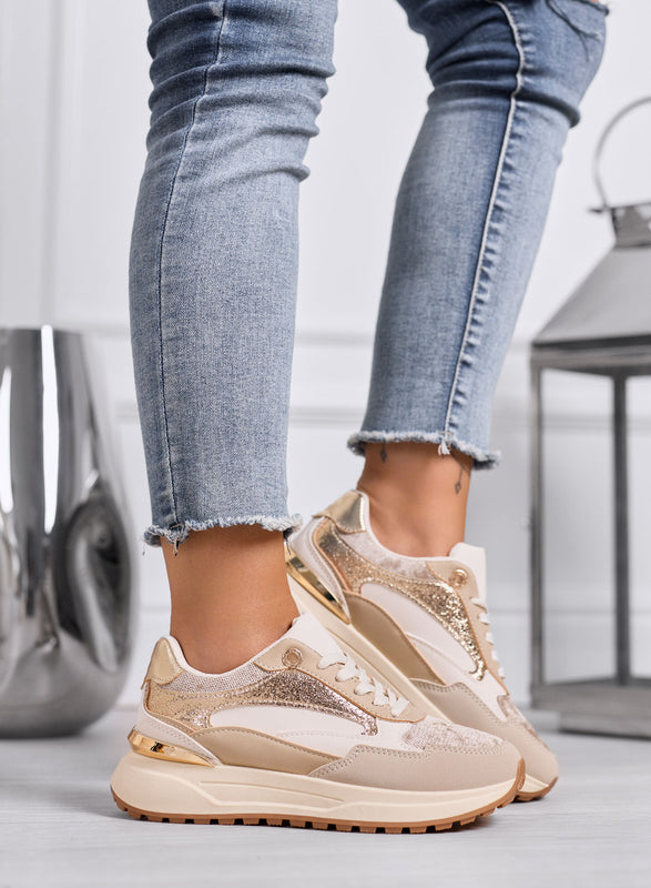 DONATA - Baskets beige et or avec détails métallisés et semelle plateforme