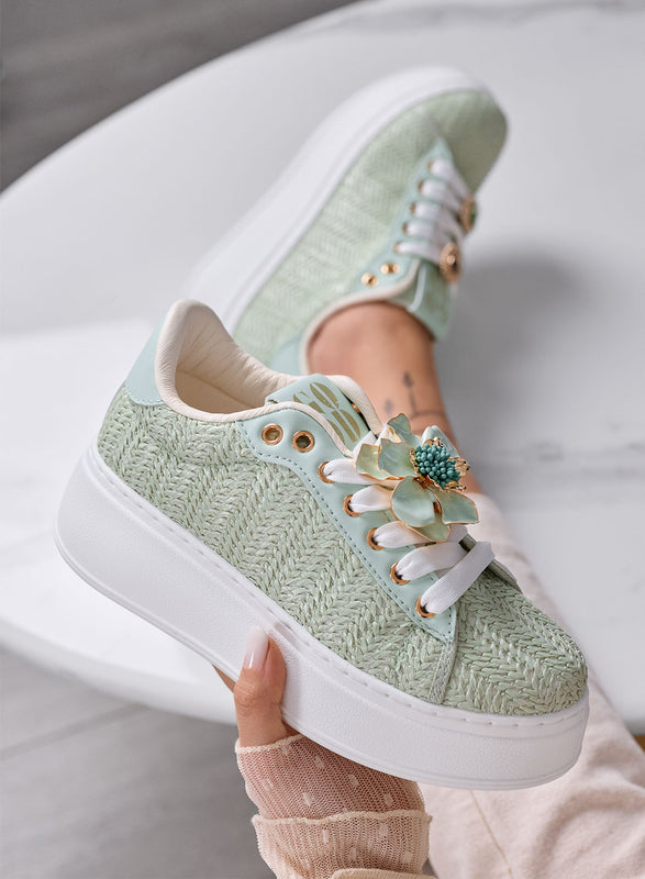 DOROTY - Baskets Vert Menthe avec Applications Fleur Bijou et Semelle Plateforme