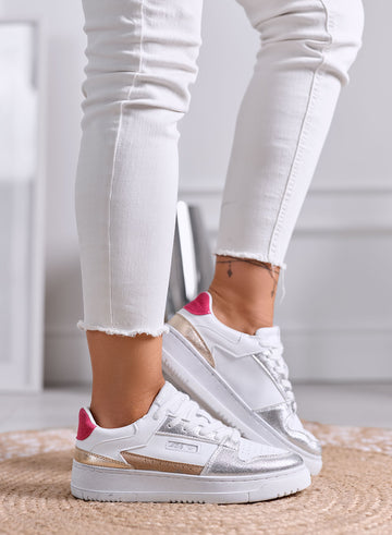 DOROTEA - White Sneakers with Silver and Gold Metallic Details