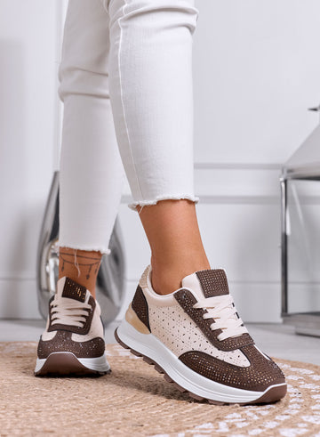 ELISA - Beige and Brown Sneakers with Rhinestones and Perforated Details