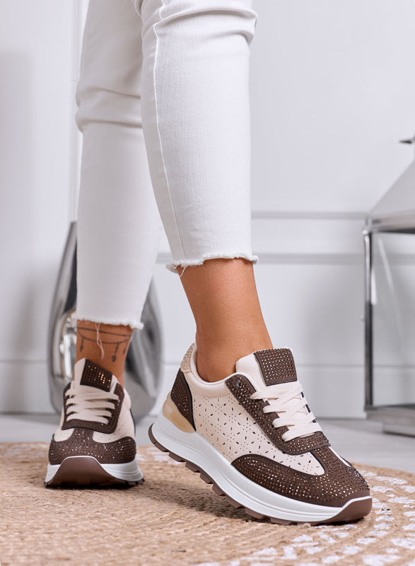 ELISA - Sneakers Beige e Marrone con Strass e Dettagli Traforati