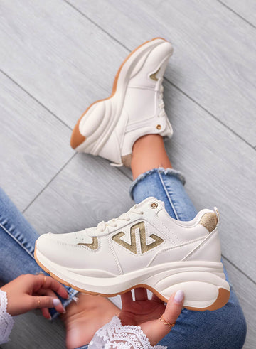 ELISABETTA - Baskets beiges avec empiècements pailletés or