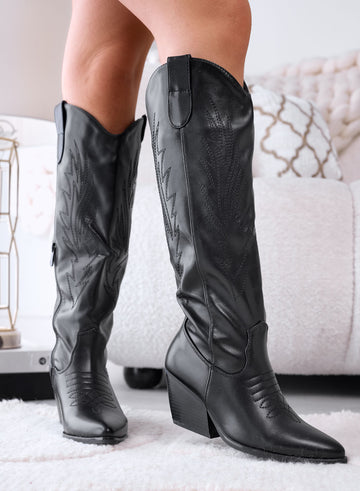 ELLA - Black faux leather cowboy boots with embroidery