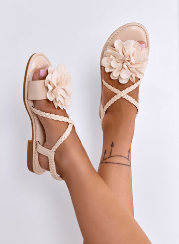 ELVIRA - Beige sandals with 3D Flower and Braided Strap