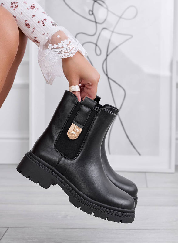 EMILIANA - Bottines noires avec ressort latéral et application dorée