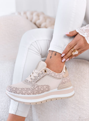 EMMA - Beige Sneakers with Print and Rhinestone Details