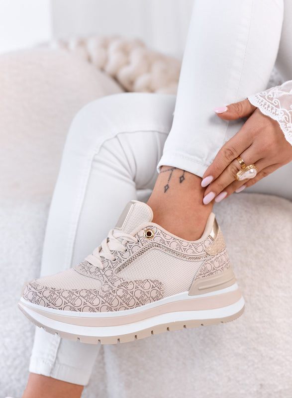 EMMA - Sneakers Beige con Stampa e Dettagli in strass
