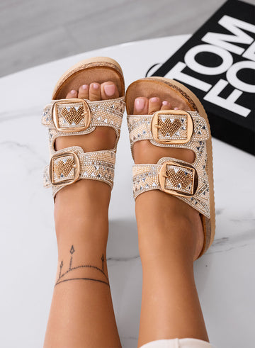 ENRICA - Sandales mules beiges avec boucles dorées et strass