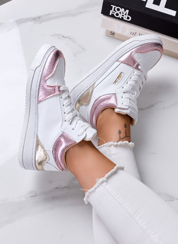 ENRICA - White Sneakers with Metallic Pink Details and Platform Sole
