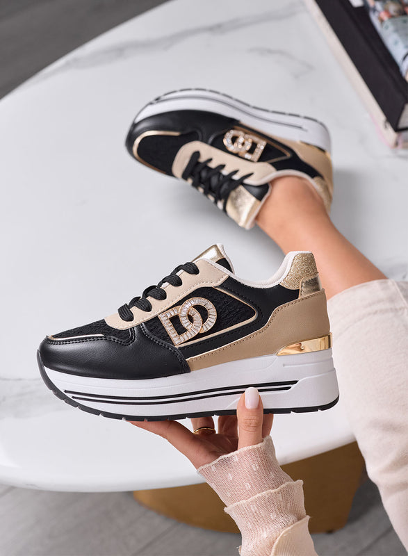 ESTER - Baskets noires à plateforme avec détails dorés et logo bijou