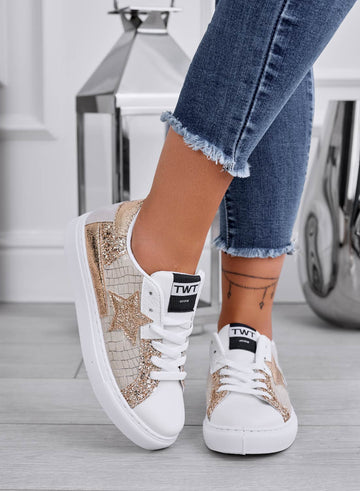 Sneakers bianche con inserti beige e glitter oro
