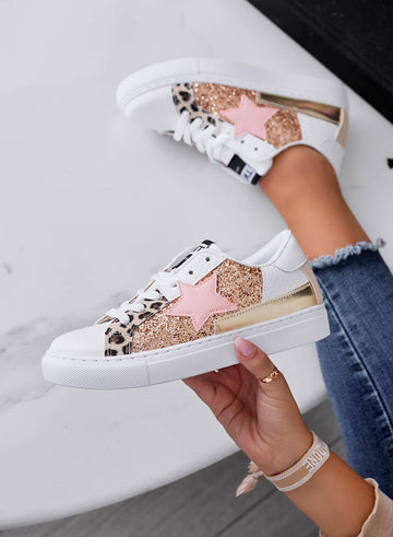 ETHEL - Baskets blanches avec empiècements étoile et paillettes doré rose