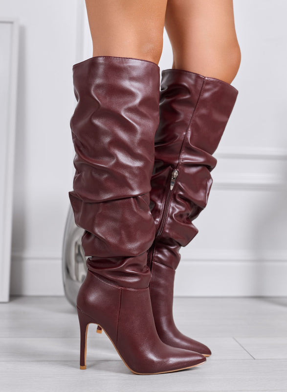 FATIMA - Stivali alti bordeaux arricciati con tacco a spillo