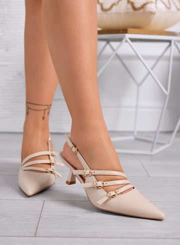 FAUSTA - Escarpins beige slingback avec brides fines et talon bobine