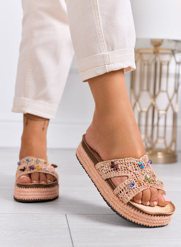 FEDERICA - Sandales mules roses à plateforme en crochet avec pierres colorées