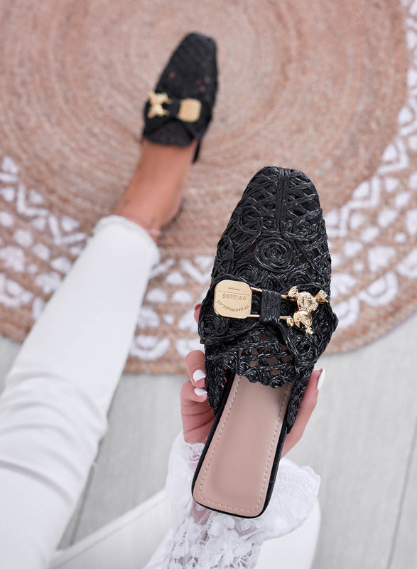 FIESTA - Espadrilles sabot noires brodées de teddy doré