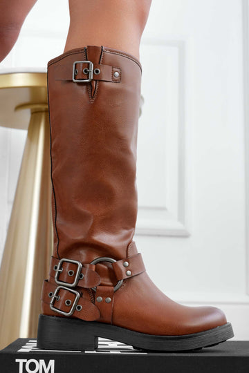 Bottes biker marron avec boucles