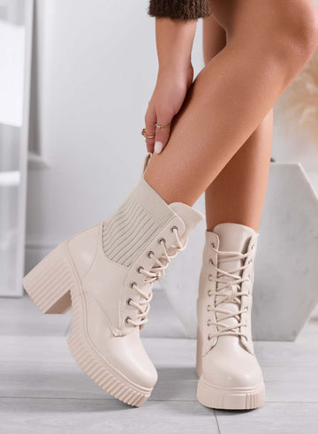 FIORENZA - Bottines beiges avec inserts en tissu et talon confortable