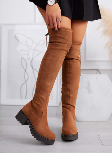 FLUX - Bottes cuissardes camel en suède pour femme avec semelle chunky