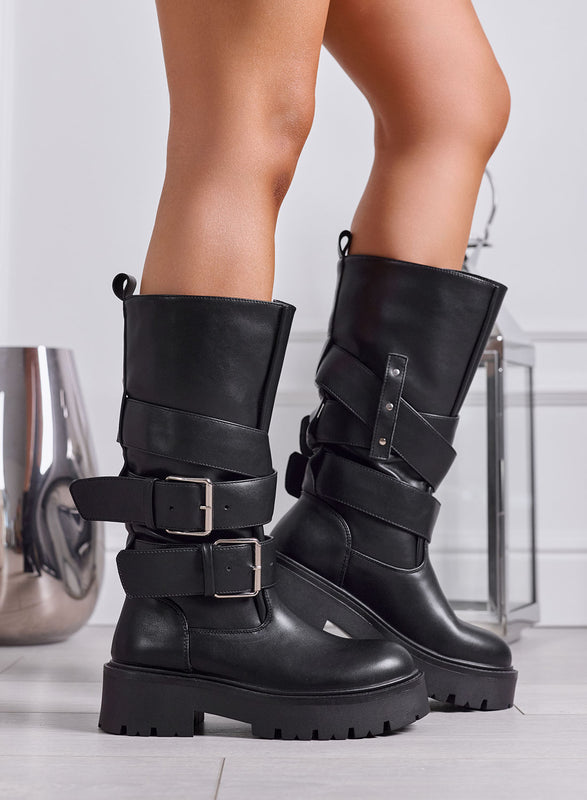 FREYA - Stivali Donna neri Biker con Fibbie
