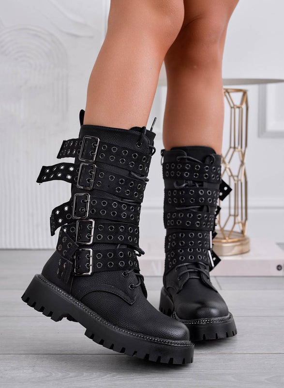 GENEVIEVE - Bottes noires style biker avec boucles